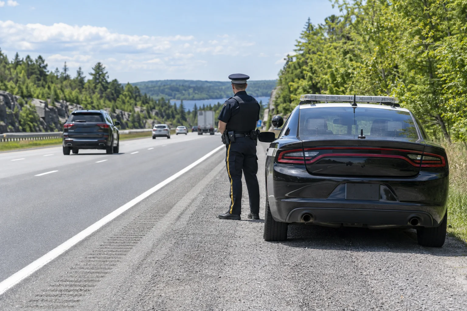 Illustration of an officer beside a patrol car on a highway
